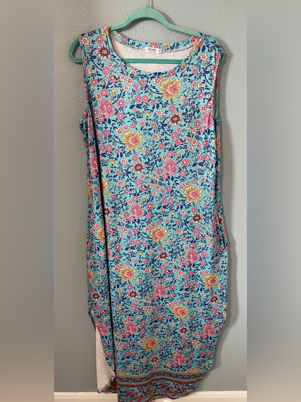 Hount Floral Maxi Dress Sleeveless Pockets Side Slit Boho Cottagecore Blue 2XL